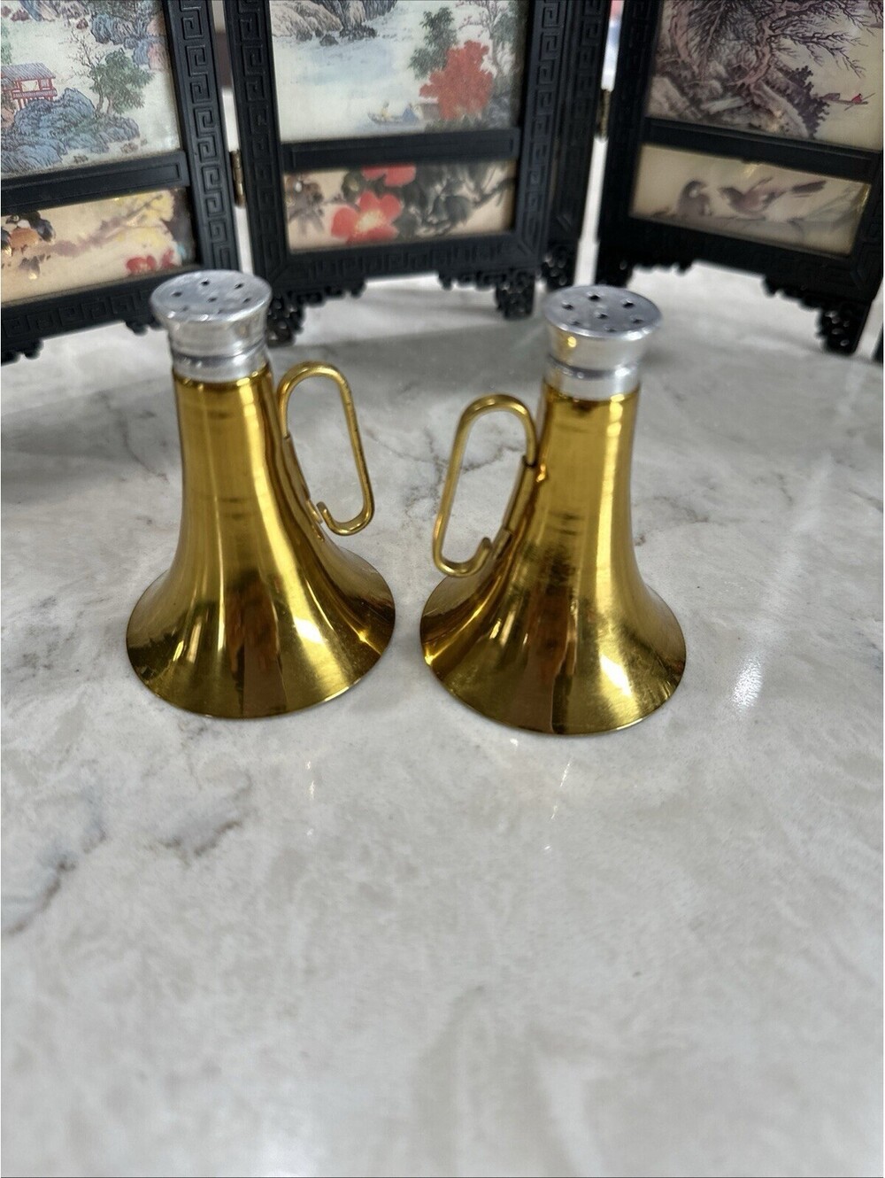 pair of vintage mid-century brass horn / megaphone salt and pepper shakers 3”